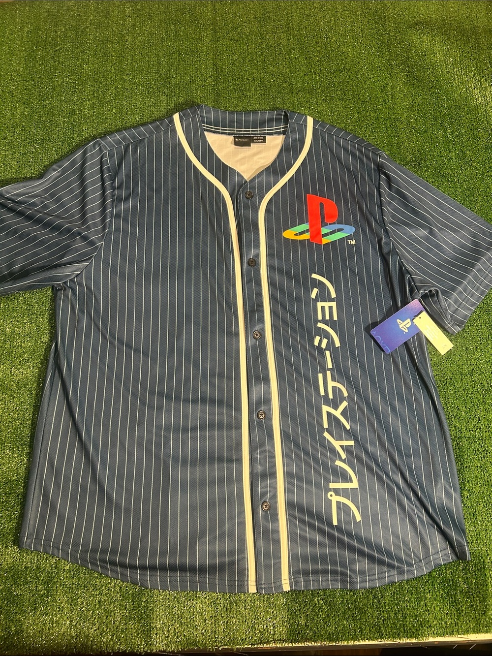 Sony PlayStation Navy Pinstripe Baseball Jersey with Multicolor PlayStation Logo